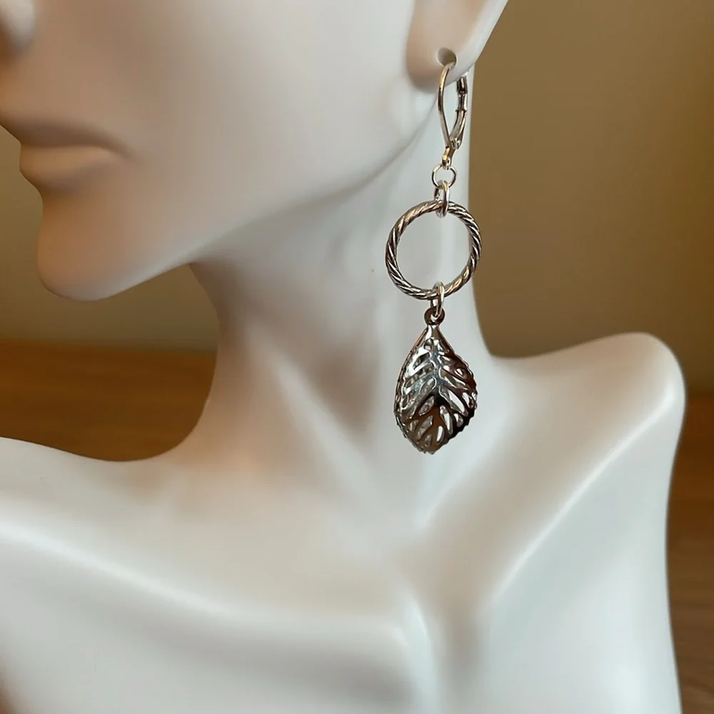 HAND CRAFTED EARRINGS Silver Dangling Leaves Hoop Earrings